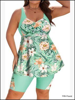 Plus Size Tankini Set Tummy Control with Shorts Full Coverage Swimwear